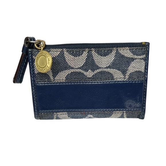 COACH Legacy Stripe Denim Mini Skinny ID Case Card Wallet Keychain Blue Leather - Picture 2 of 12